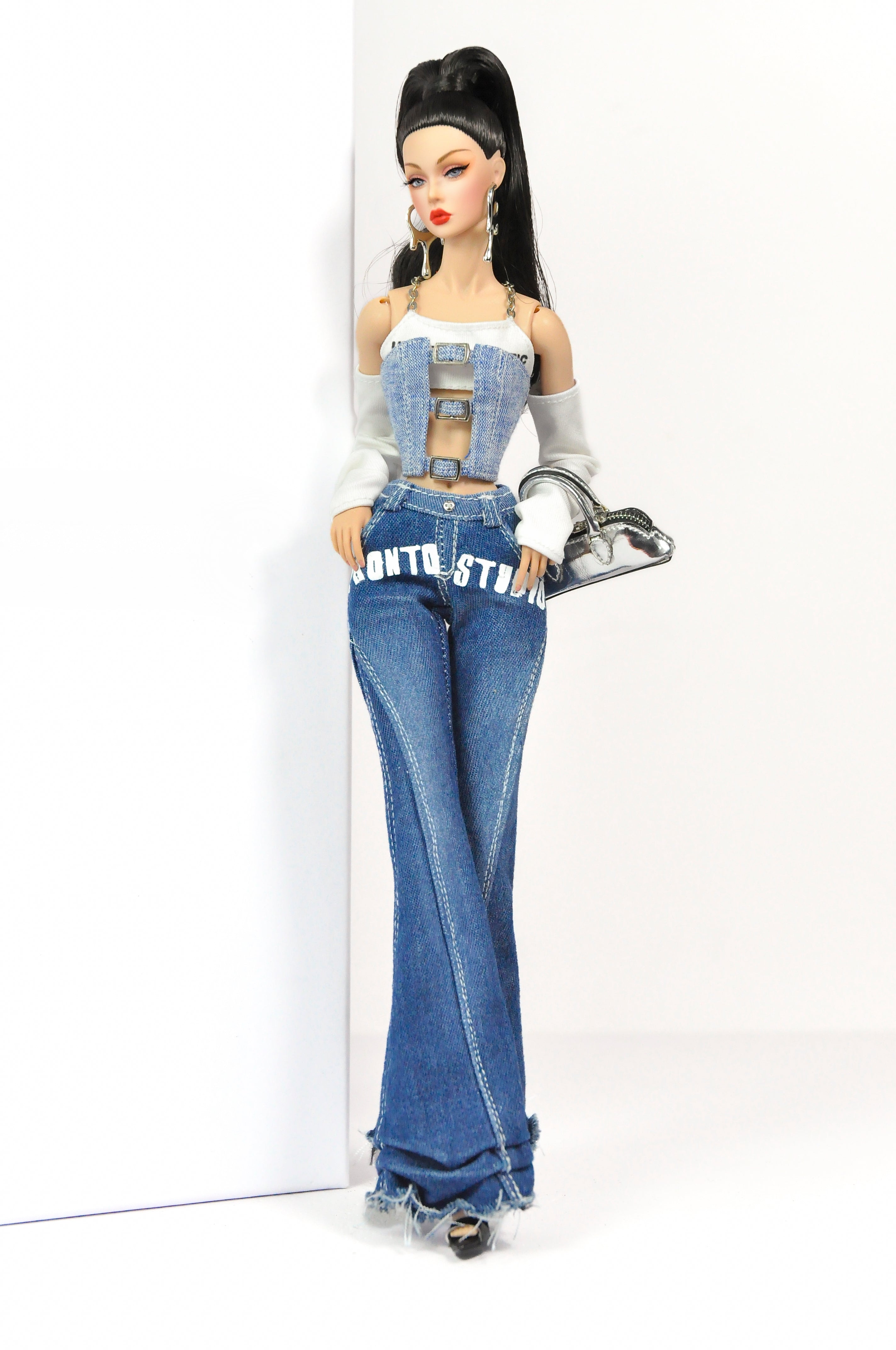 DEMIM DIVA | Deposit only - Denim Diva Buckle Crop Top & Flare Jeans Set – Fashion Royalty 6.0 Doll Clothes | Plastiktiara