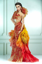 DELUXE | Solar Phoenix Red Gold Beaded Gown for 1/6 Scale Fashion Doll | Plastiktiara