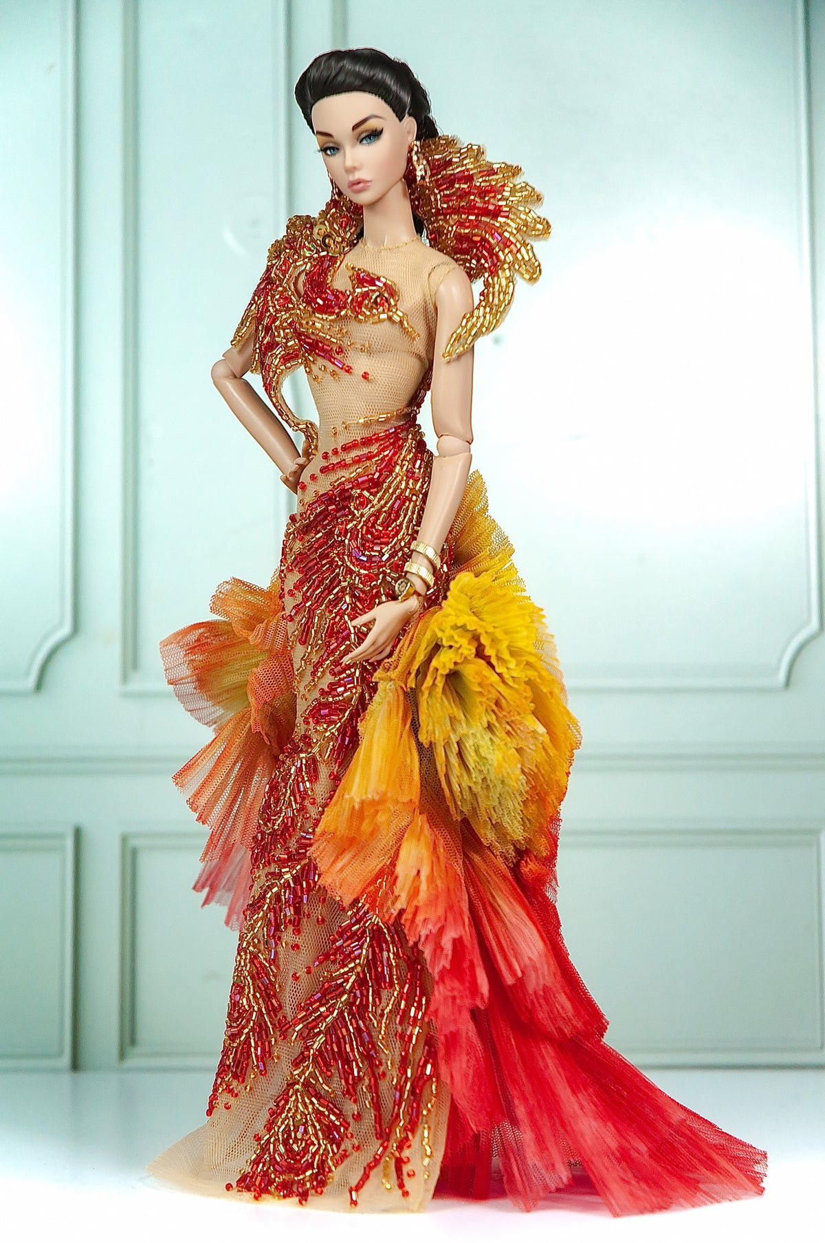 DELUXE | Solar Phoenix Red Gold Beaded Gown for 1/6 Scale Fashion Doll | Plastiktiara