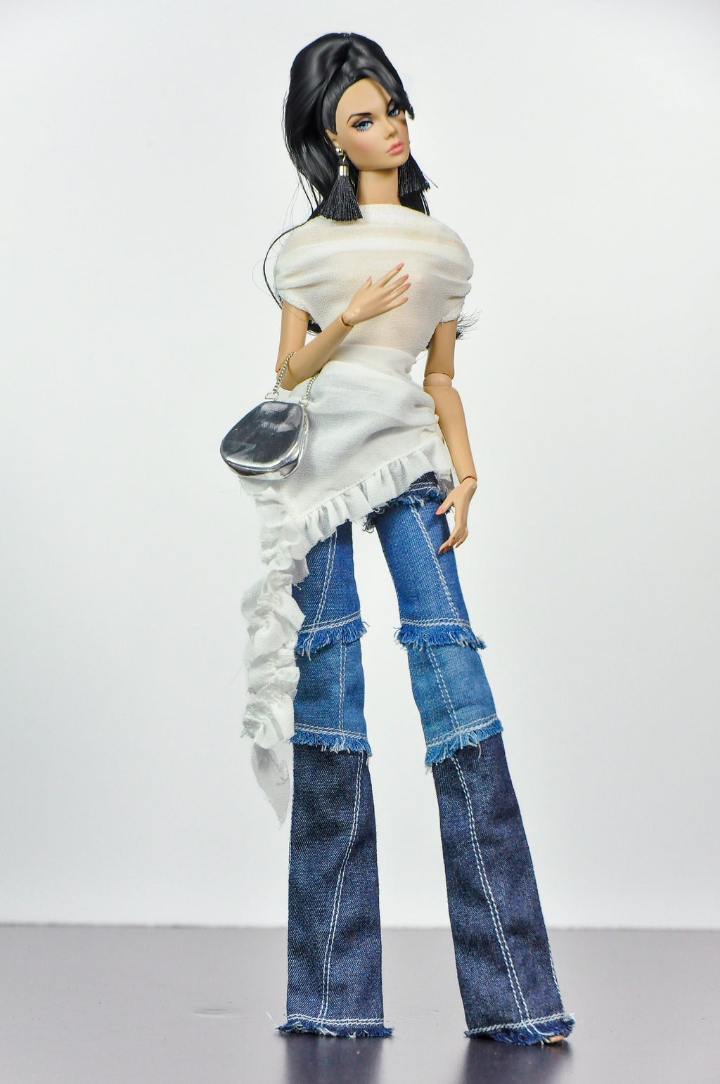SIMPLE TABOO | Patchwork Denim Outfit for Fashion Royalty Dolls | Handmade Doll Jeans & Ruffle Shawl Top | Integrity Toys Fashion