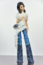 SIMPLE TABOO | Patchwork Denim Outfit for Fashion Royalty Dolls | Handmade Doll Jeans & Ruffle Shawl Top | Integrity Toys Fashion