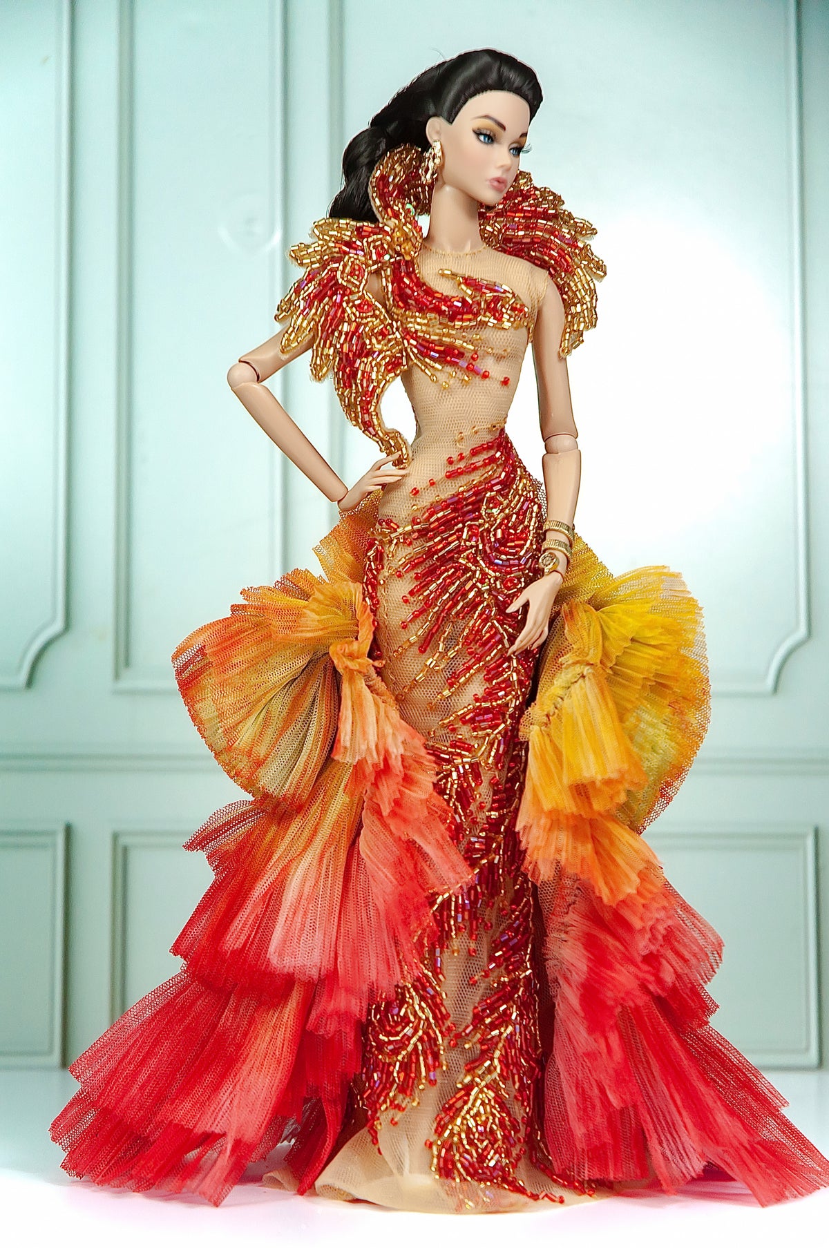 DELUXE | Solar Phoenix Red Gold Beaded Gown for 1/6 Scale Fashion Doll | Plastiktiara