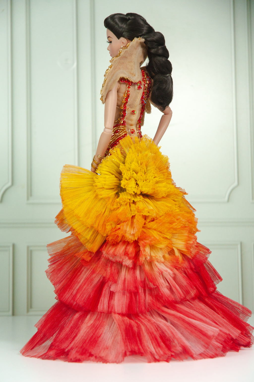 DELUXE | Solar Phoenix Red Gold Beaded Gown for 1/6 Scale Fashion Doll | Plastiktiara