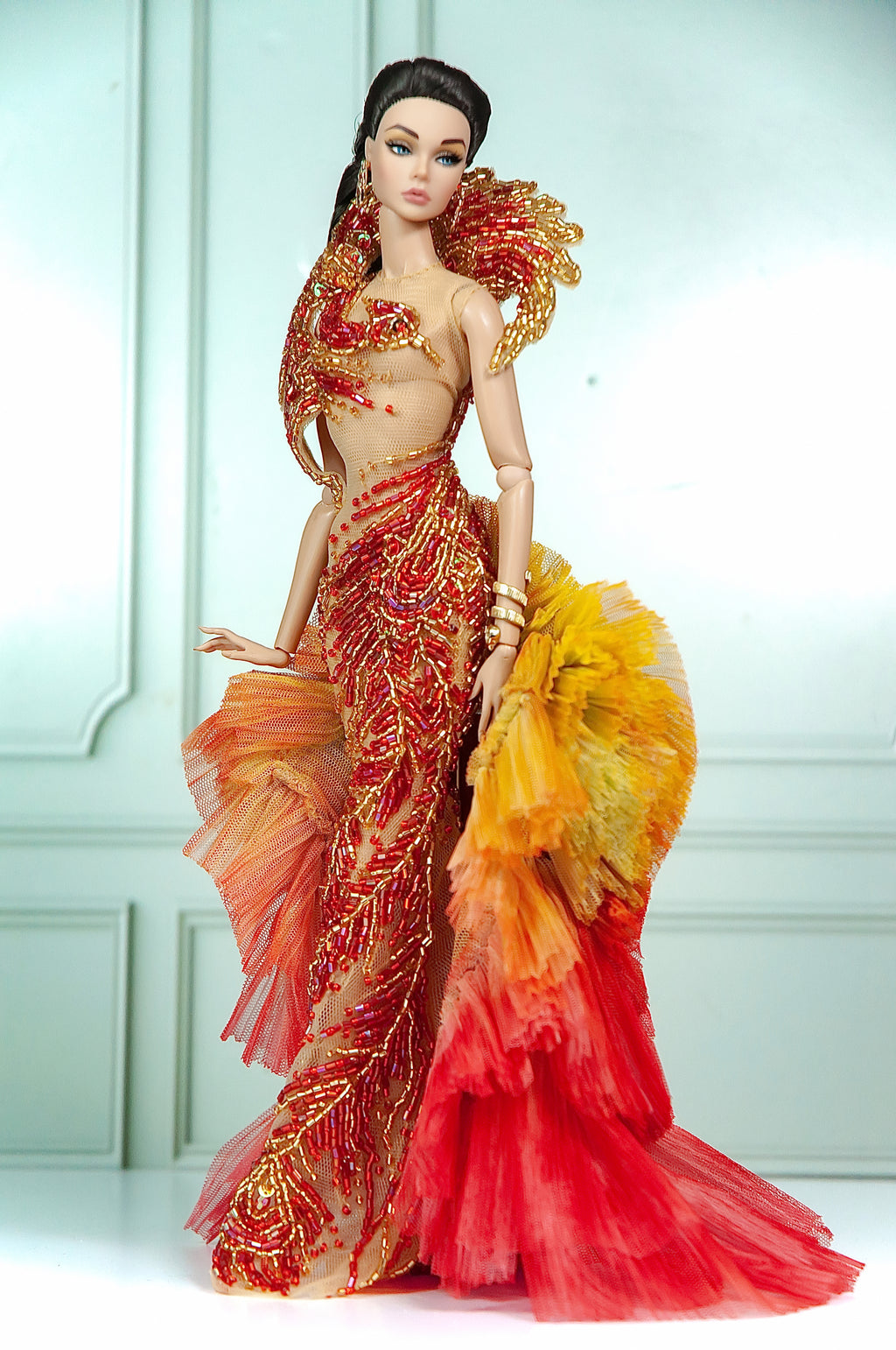 DELUXE | Solar Phoenix Red Gold Beaded Gown for 1/6 Scale Fashion Doll | Plastiktiara