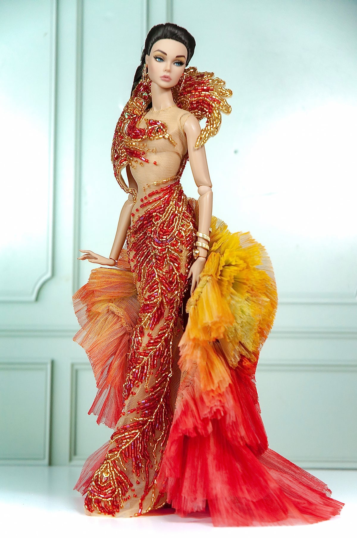 DELUXE | Solar Phoenix Red Gold Beaded Gown for 1/6 Scale Fashion Doll | Plastiktiara