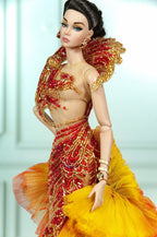 DELUXE | Solar Phoenix Red Gold Beaded Gown for 1/6 Scale Fashion Doll | Plastiktiara