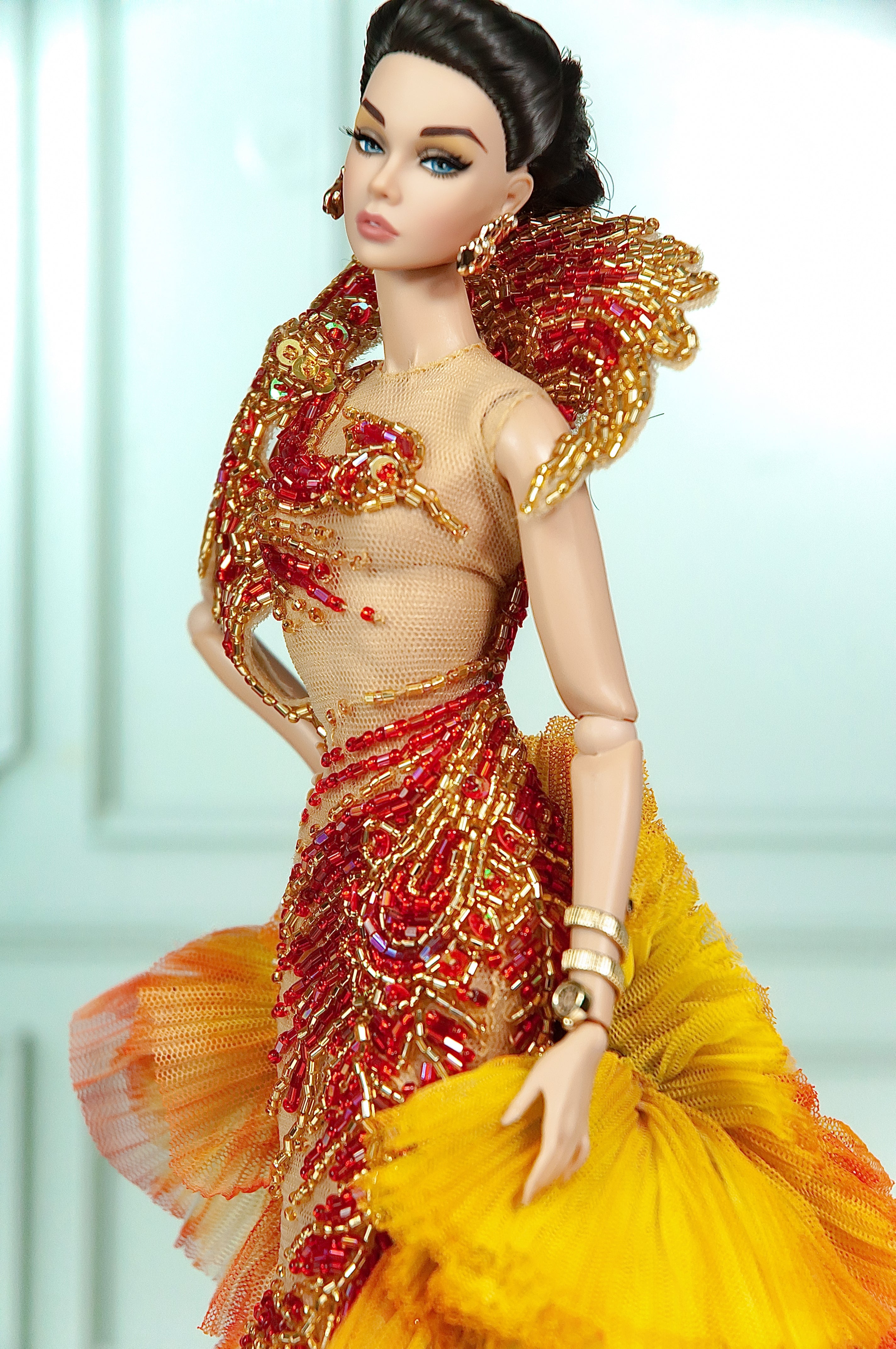 DELUXE | Solar Phoenix Red Gold Beaded Gown for 1/6 Scale Fashion Doll | Plastiktiara