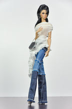 SIMPLE TABOO | Patchwork Denim Outfit for Fashion Royalty Dolls | Handmade Doll Jeans & Ruffle Shawl Top | Integrity Toys Fashion