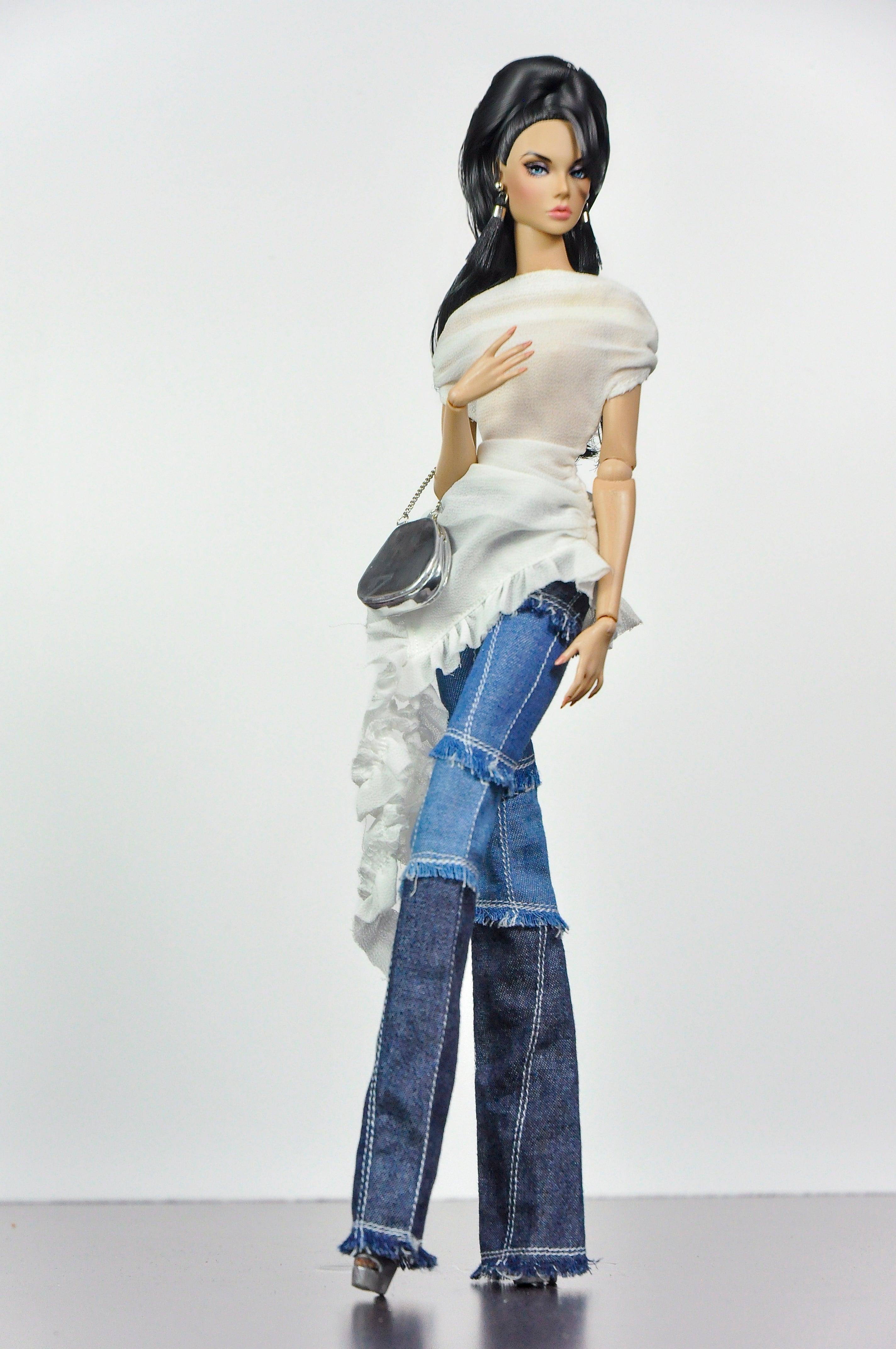 SIMPLE TABOO | Patchwork Denim Outfit for Fashion Royalty Dolls | Handmade Doll Jeans & Ruffle Shawl Top | Integrity Toys Fashion