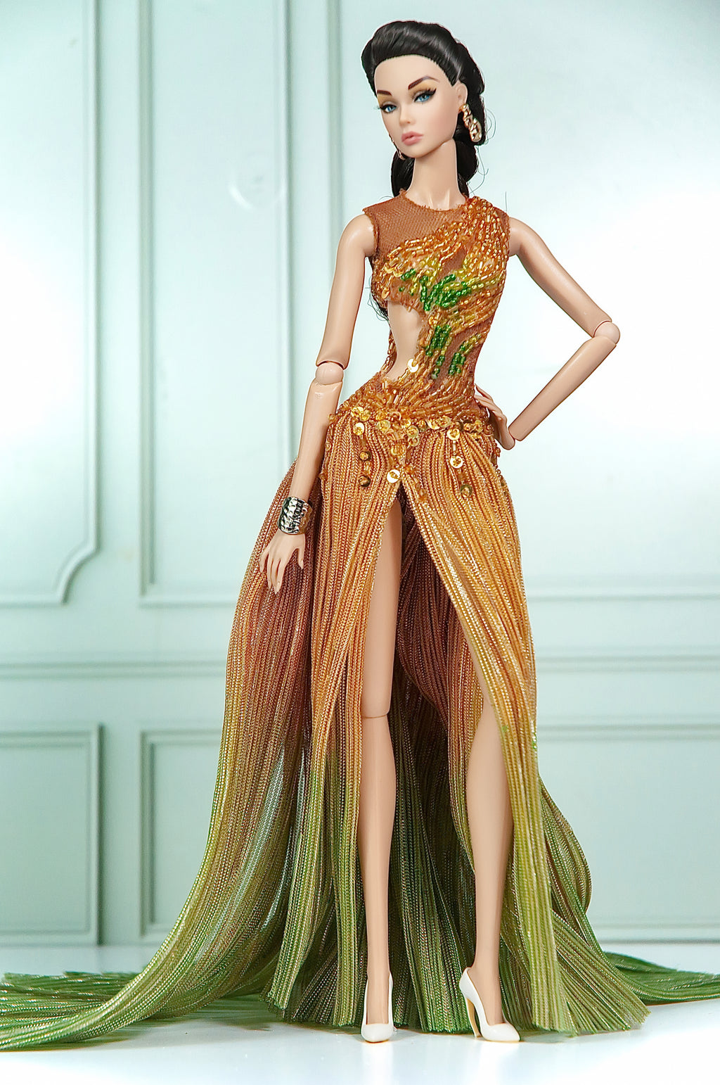 DELUXE | Bronze Dahlia Beaded Mermaid Gown for 1/6 Scale Fashion Doll | Plastiktiara