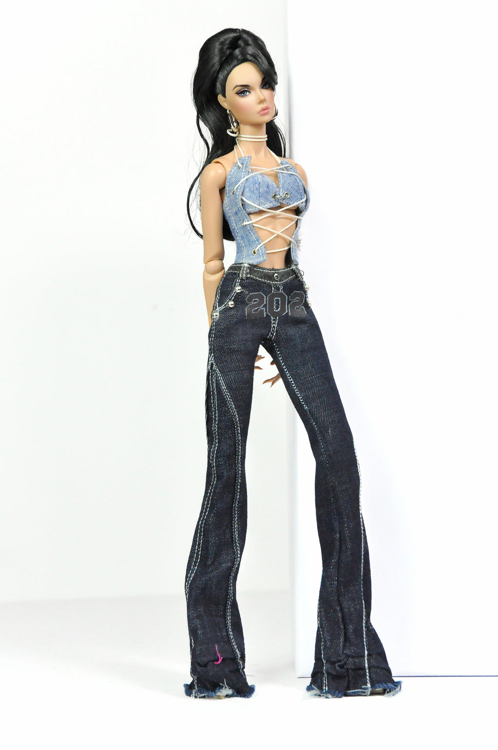 DENIM DIVA | Deposit only - Midnight Lace-Up Denim Top & Black Flare Pants Set – 1/6 Scale High Fashion Dolls