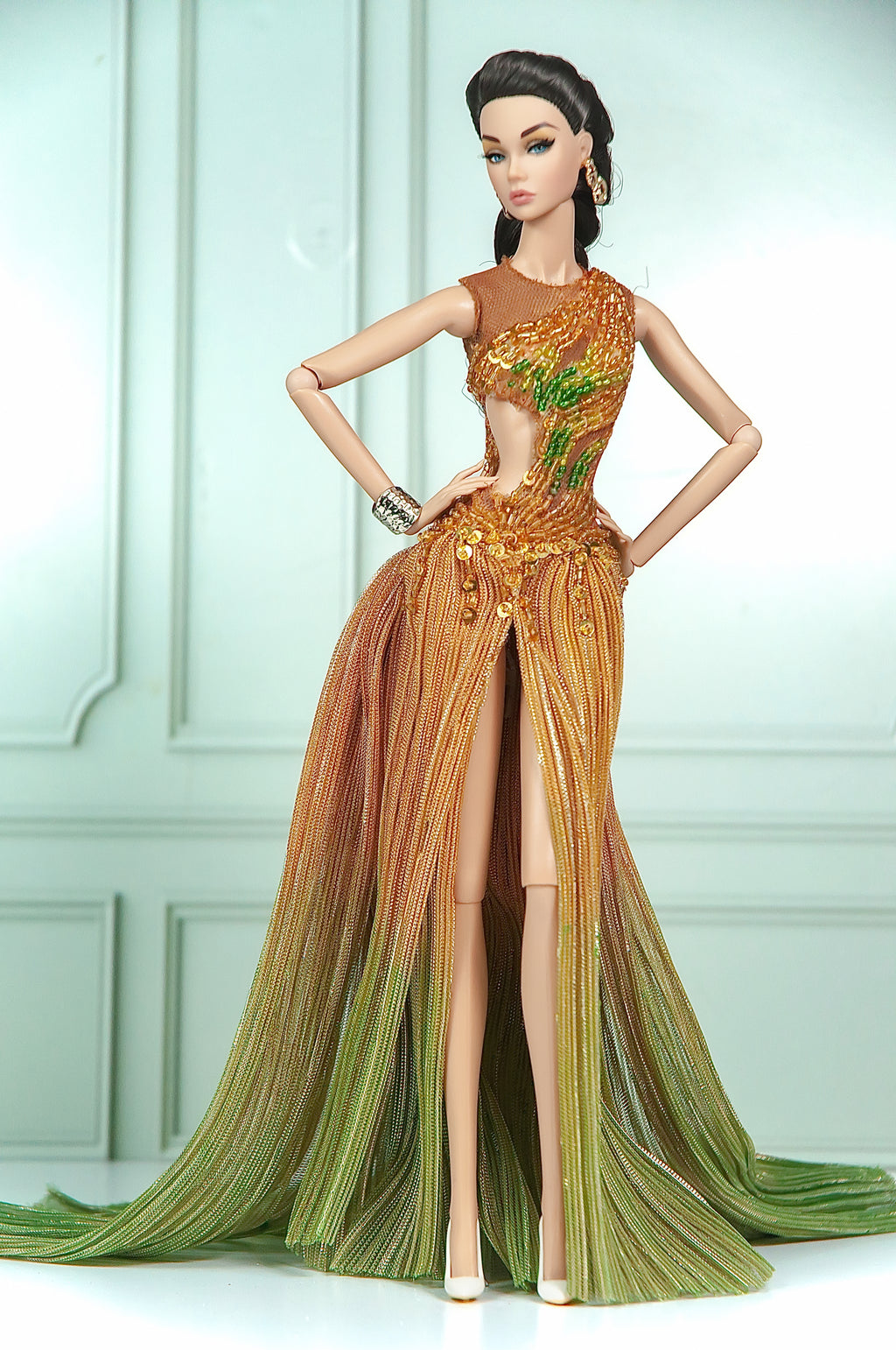 DELUXE | Bronze Dahlia Beaded Mermaid Gown for 1/6 Scale Fashion Doll | Plastiktiara