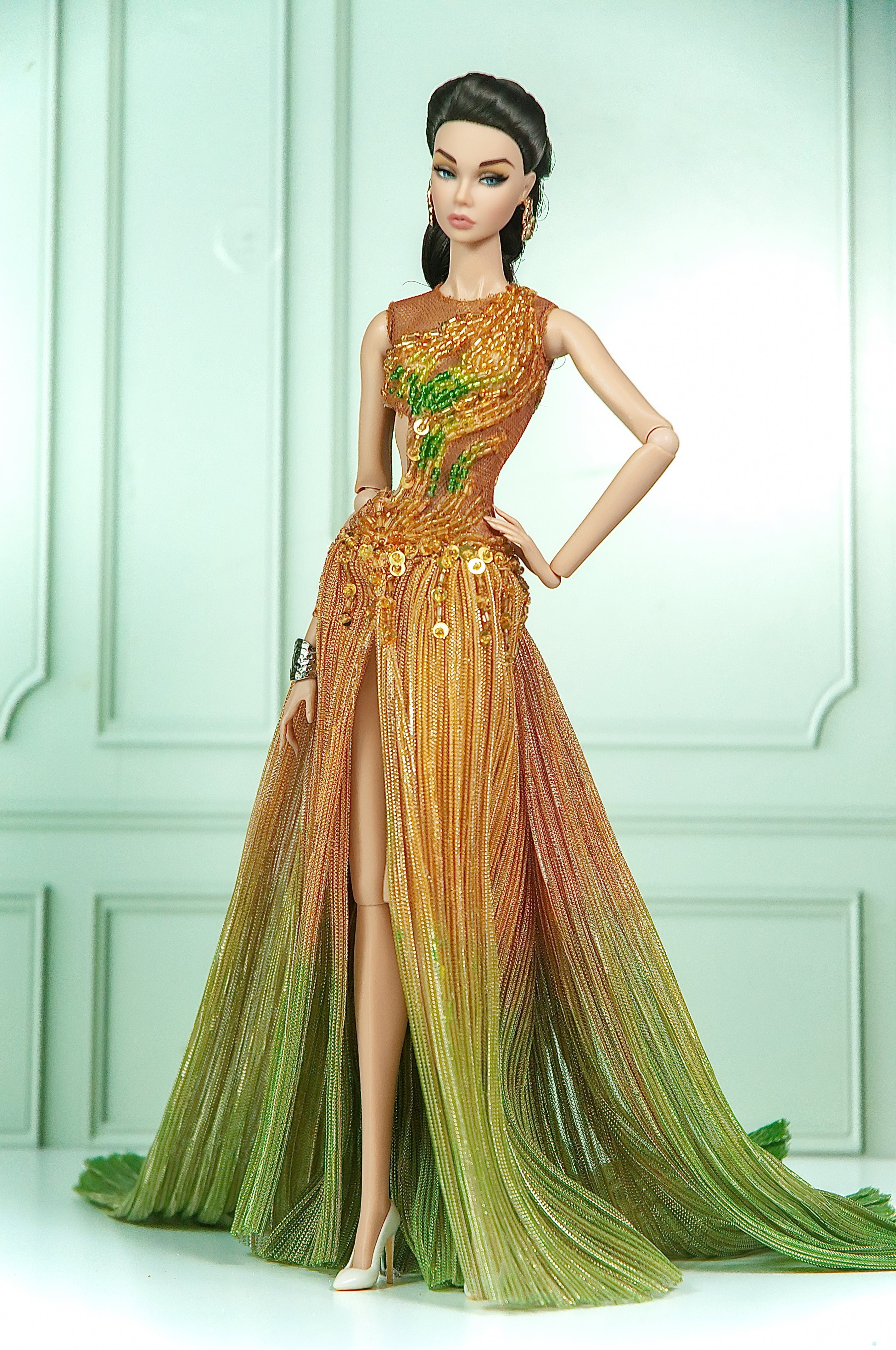 DELUXE | Bronze Dahlia Beaded Mermaid Gown for 1/6 Scale Fashion Doll | Plastiktiara