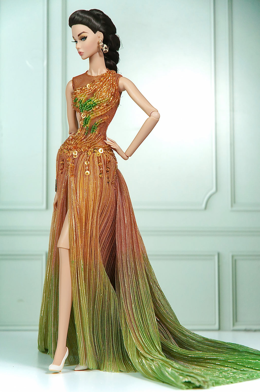 DELUXE | Bronze Dahlia Beaded Mermaid Gown for 1/6 Scale Fashion Doll | Plastiktiara