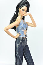 DENIM DIVA | Deposit only - Midnight Lace-Up Denim Top & Black Flare Pants Set – 1/6 Scale High Fashion Dolls