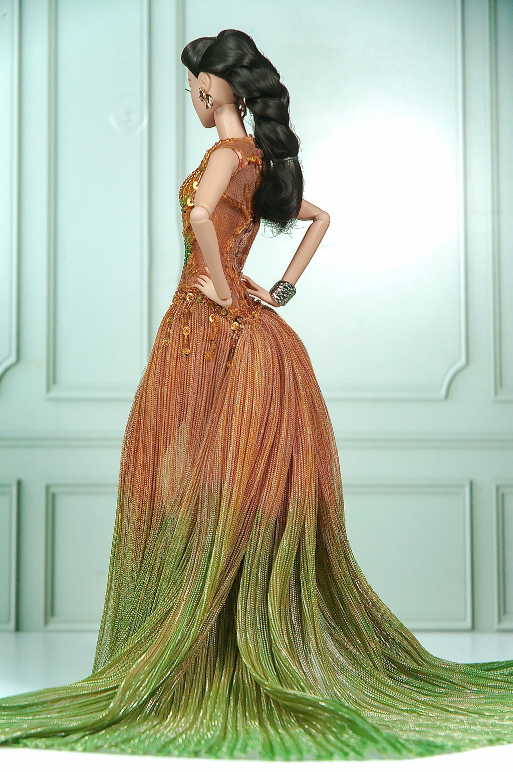 DELUXE | Bronze Dahlia Beaded Mermaid Gown for 1/6 Scale Fashion Doll | Plastiktiara