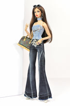 DENIM DIVA | Silver Chain Denim Top & Dark Flare Jeans Set – 1/6 Scale High Fashion Dolls