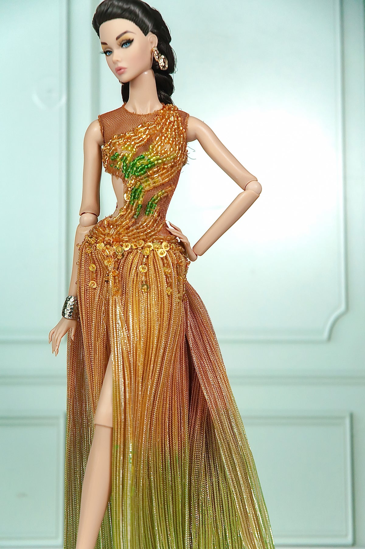 DELUXE | Bronze Dahlia Beaded Mermaid Gown for 1/6 Scale Fashion Doll | Plastiktiara