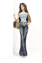 DENIM DIVA | Silver Chain Denim Top & Dark Flare Jeans Set – 1/6 Scale High Fashion Dolls