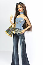 DENIM DIVA | Silver Chain Denim Top & Dark Flare Jeans Set – 1/6 Scale High Fashion Dolls