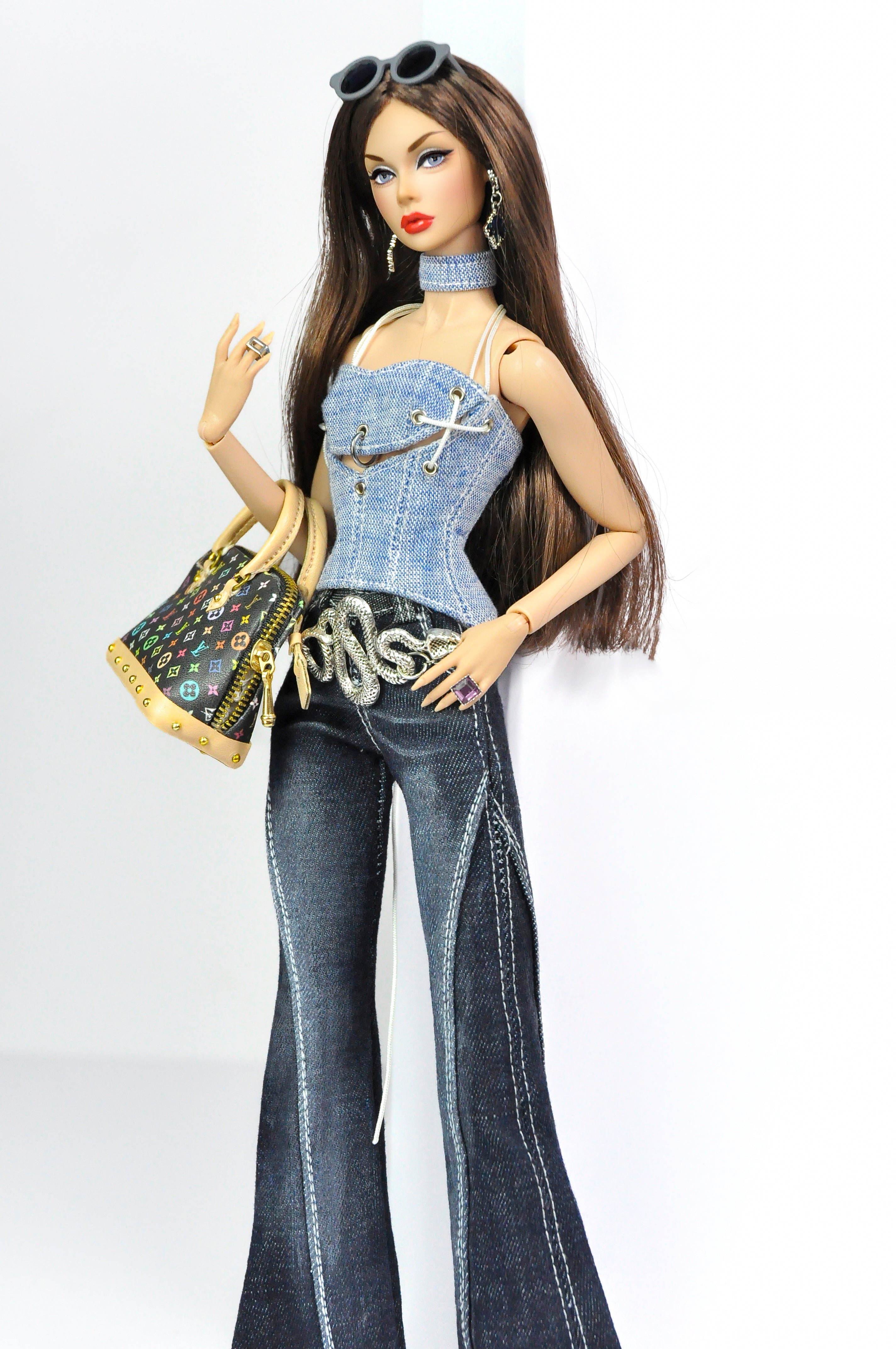DENIM DIVA | Silver Chain Denim Top & Dark Flare Jeans Set – 1/6 Scale High Fashion Dolls