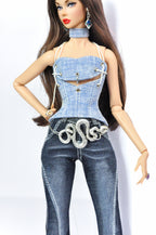 DENIM DIVA | Silver Chain Denim Top & Dark Flare Jeans Set – 1/6 Scale High Fashion Dolls