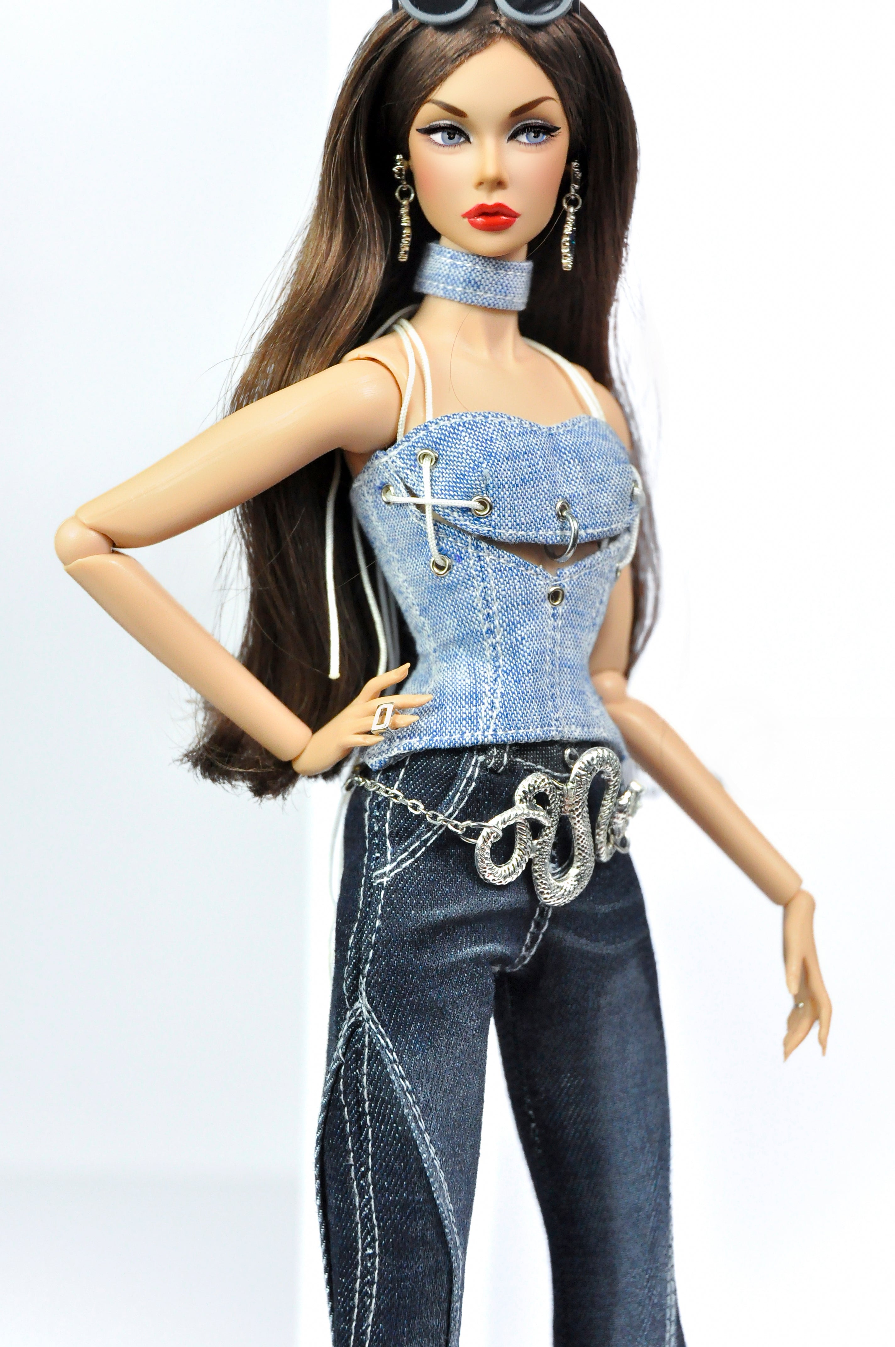 DENIM DIVA | Silver Chain Denim Top & Dark Flare Jeans Set – 1/6 Scale High Fashion Dolls