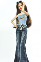 DENIM DIVA | Silver Chain Denim Top & Dark Flare Jeans Set – 1/6 Scale High Fashion Dolls