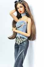 DENIM DIVA | Silver Chain Denim Top & Dark Flare Jeans Set – 1/6 Scale High Fashion Dolls