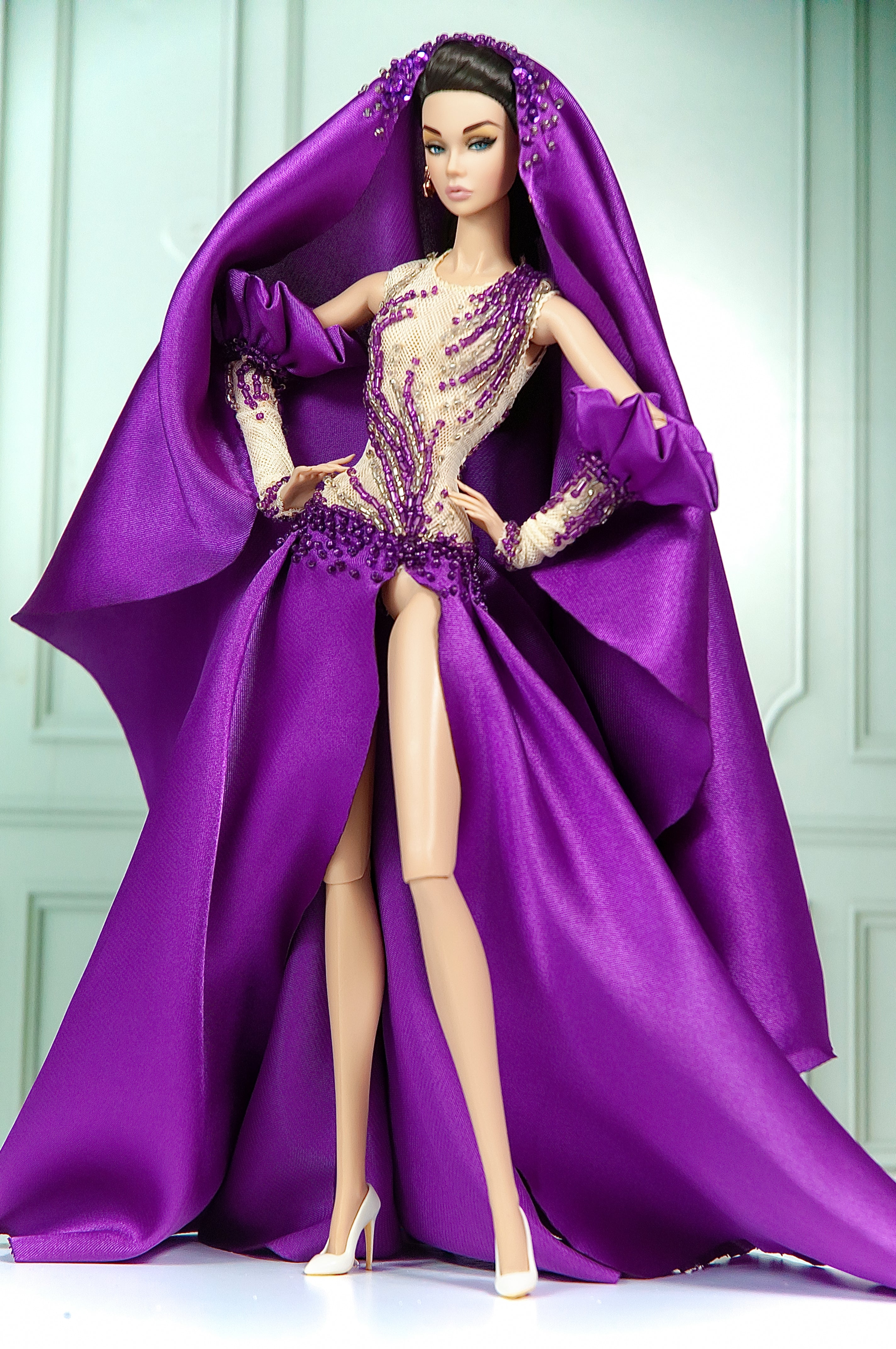 DELUXE | Imperial Amethyst Beaded Cape Gown for 1/6 Scale Fashion Doll | Plastiktiara