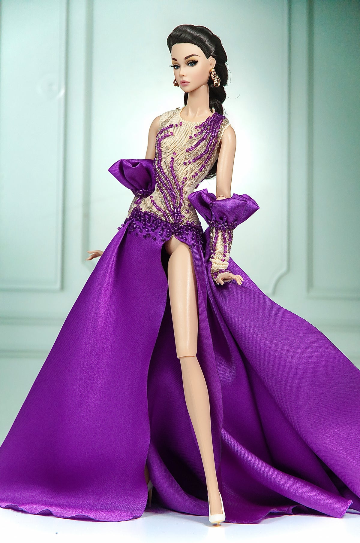 DELUXE | Imperial Amethyst Beaded Cape Gown for 1/6 Scale Fashion Doll | Plastiktiara