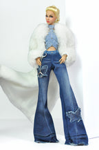 DENIM DIVA | Denim Crop Top, Flare Jeans & White Faux Fur Coat Set – Fashion Royalty 6.0 Doll Clothes | Plastiktiara