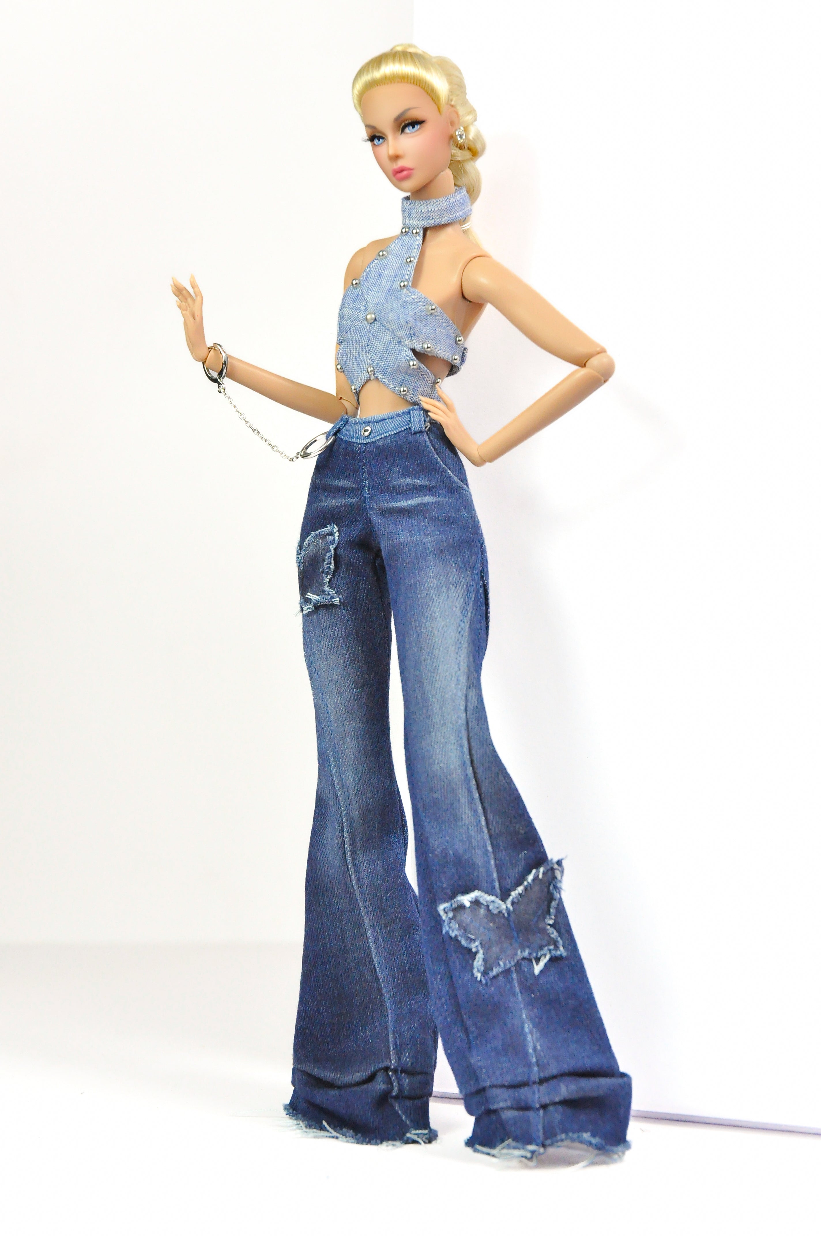 DENIM DIVA | Denim Crop Top, Flare Jeans & White Faux Fur Coat Set – Fashion Royalty 6.0 Doll Clothes | Plastiktiara