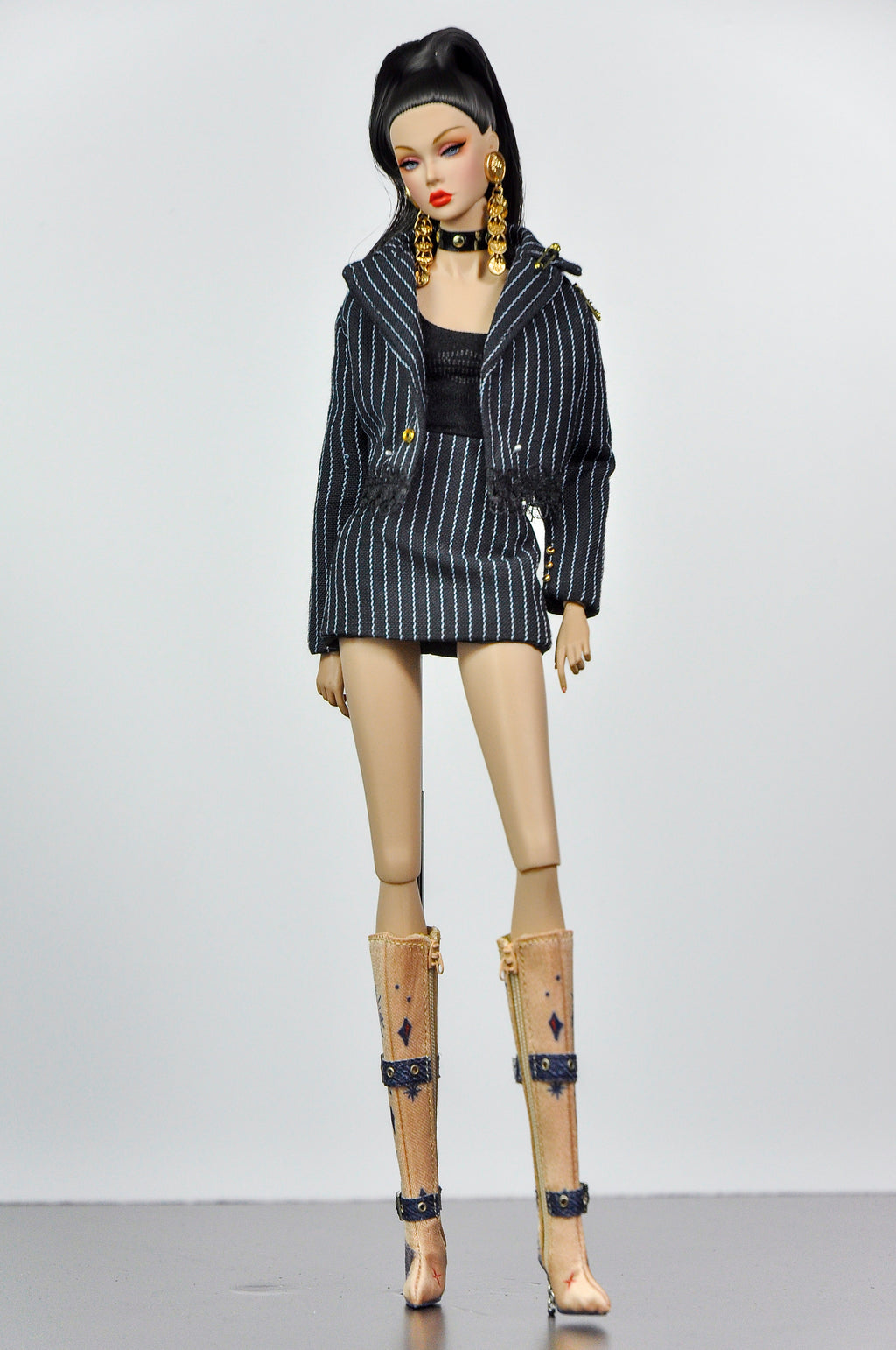 SIMPLE TABOO | OOAK Fashion Royalty Black Pinstripe Blazer Mini Dress Set | Handmade Doll Clothes for 12” Fashion Dolls