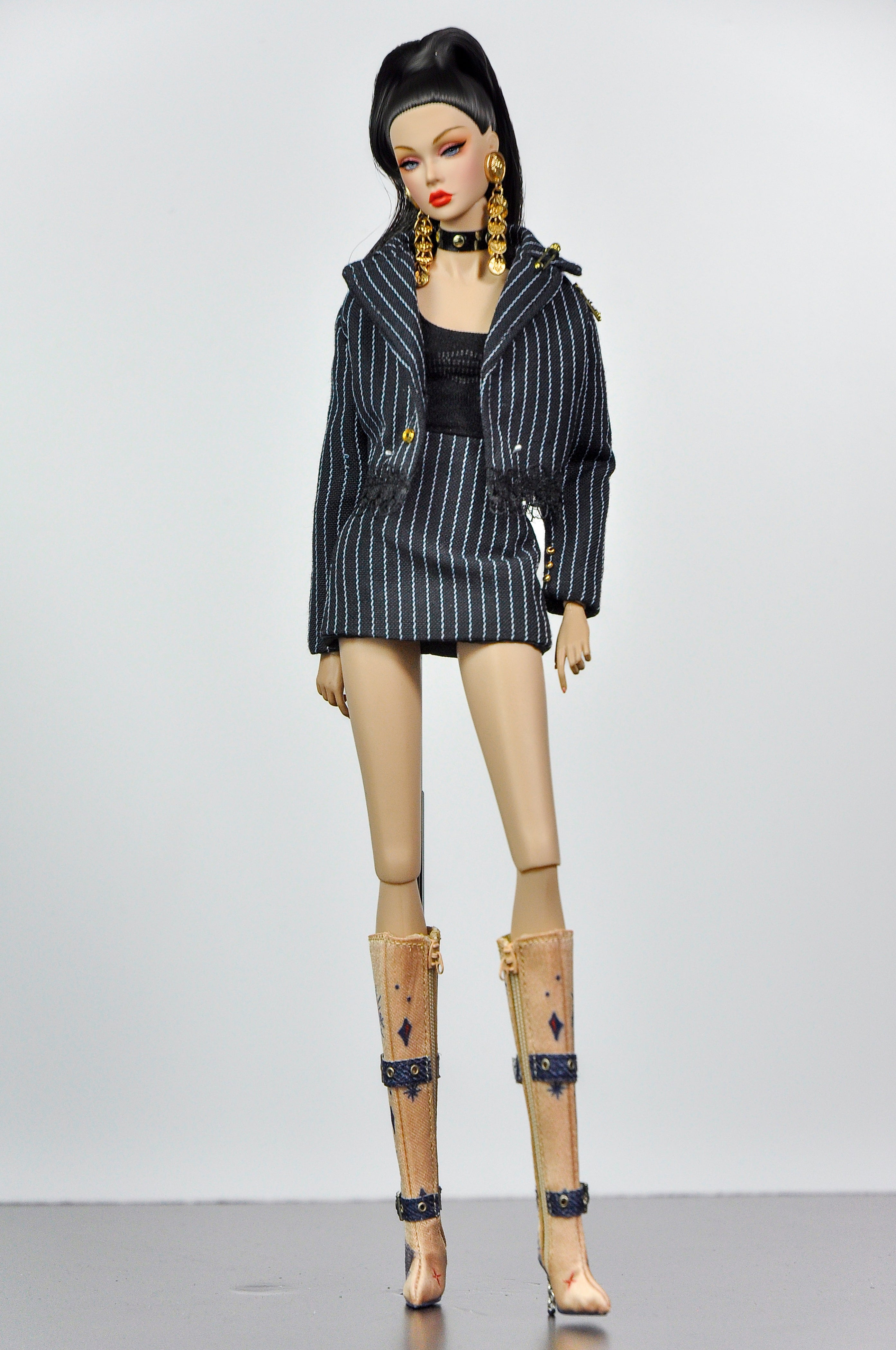 SIMPLE TABOO | OOAK Fashion Royalty Black Pinstripe Blazer Mini Dress Set | Handmade Doll Clothes for 12” Fashion Dolls