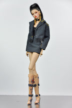 SIMPLE TABOO | OOAK Fashion Royalty Black Pinstripe Blazer Mini Dress Set | Handmade Doll Clothes for 12” Fashion Dolls