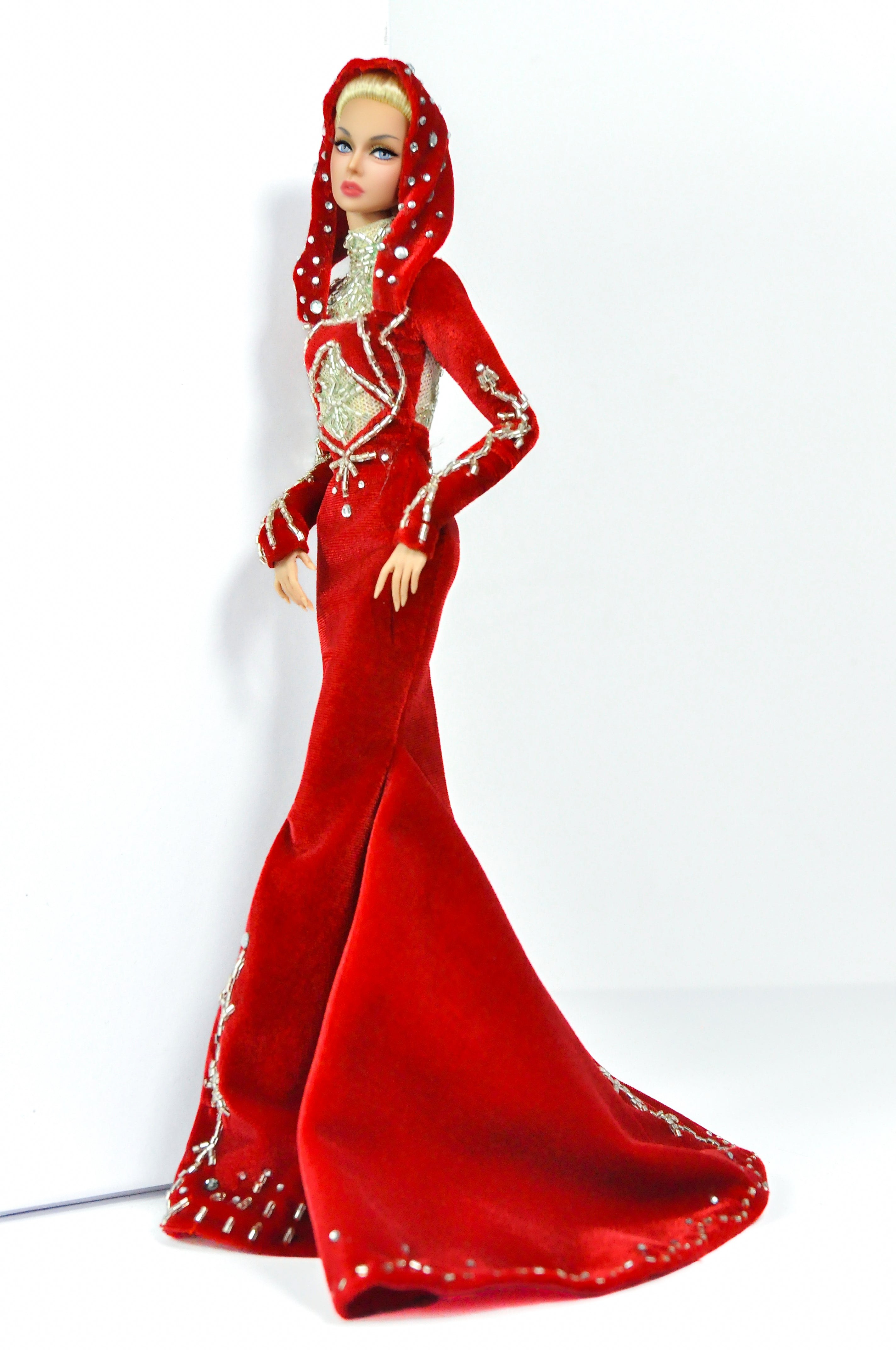 OOAK | Red Embellished Hooded Gown – 1/6 High Fashion doll clothes | Couture | Plastiktiara