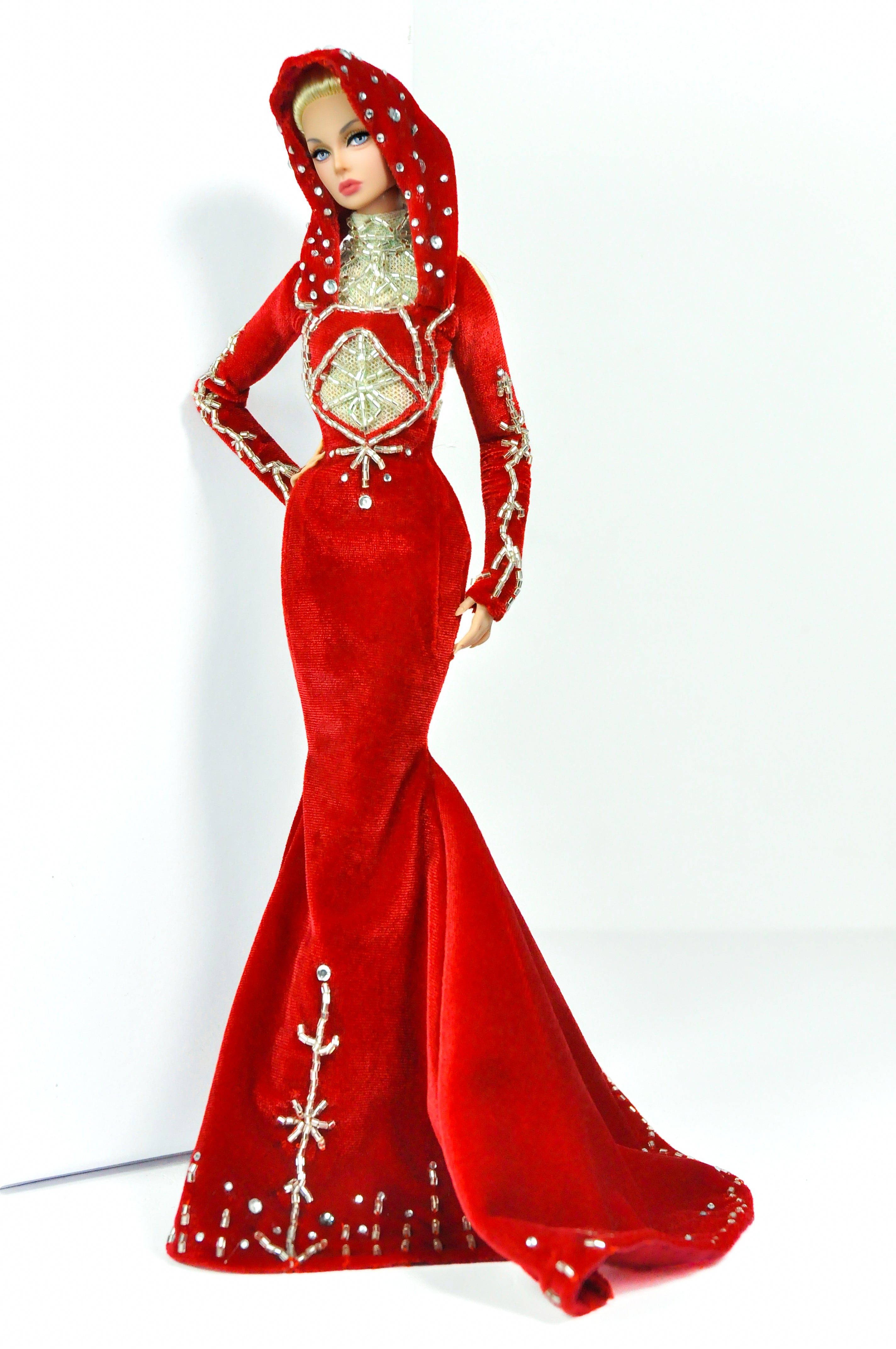 OOAK | Red Embellished Hooded Gown – 1/6 High Fashion doll clothes | Couture | Plastiktiara