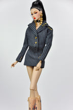 SIMPLE TABOO | OOAK Fashion Royalty Black Pinstripe Blazer Mini Dress Set | Handmade Doll Clothes for 12” Fashion Dolls