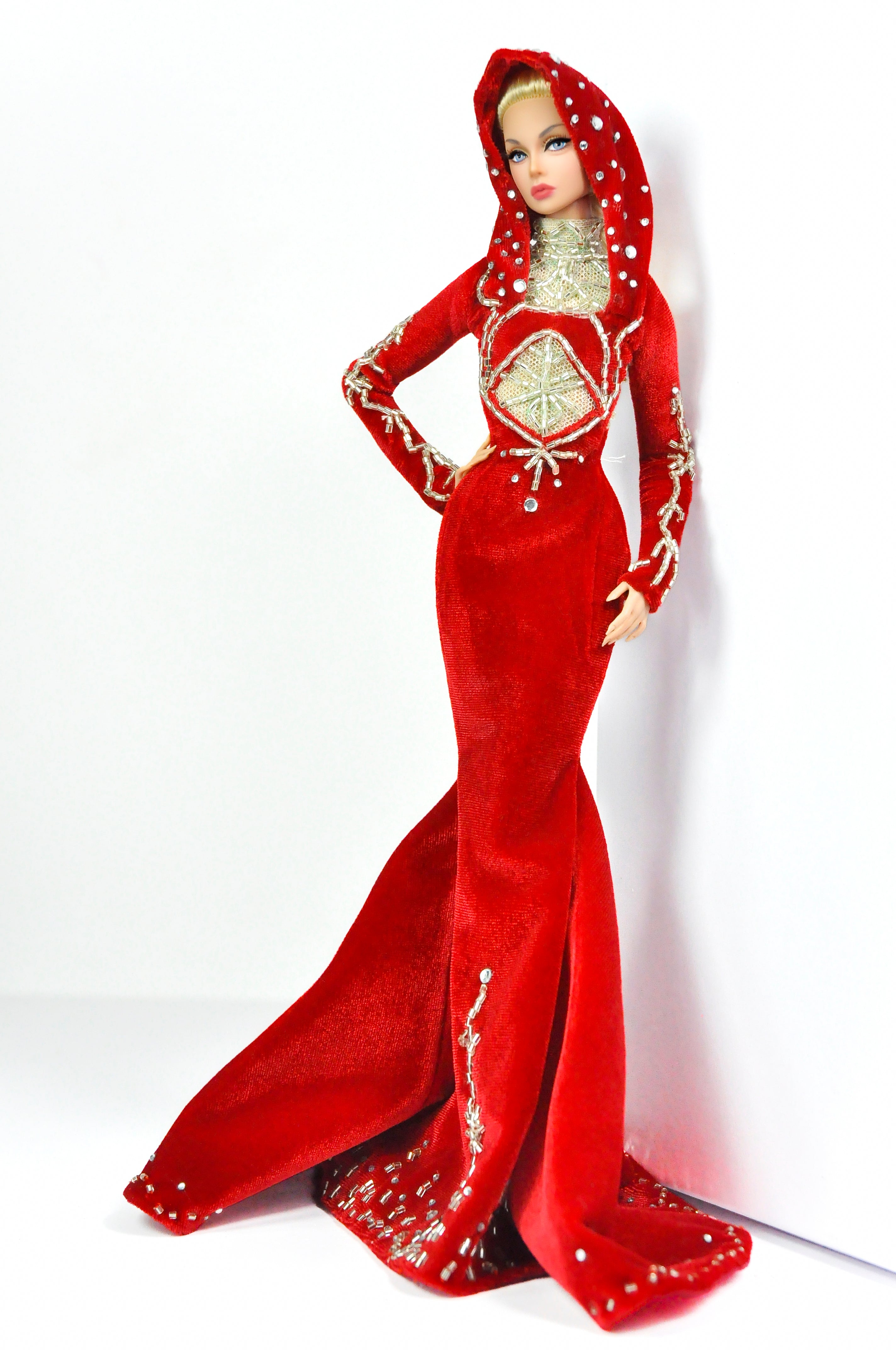 OOAK | Red Embellished Hooded Gown – 1/6 High Fashion doll clothes | Couture | Plastiktiara