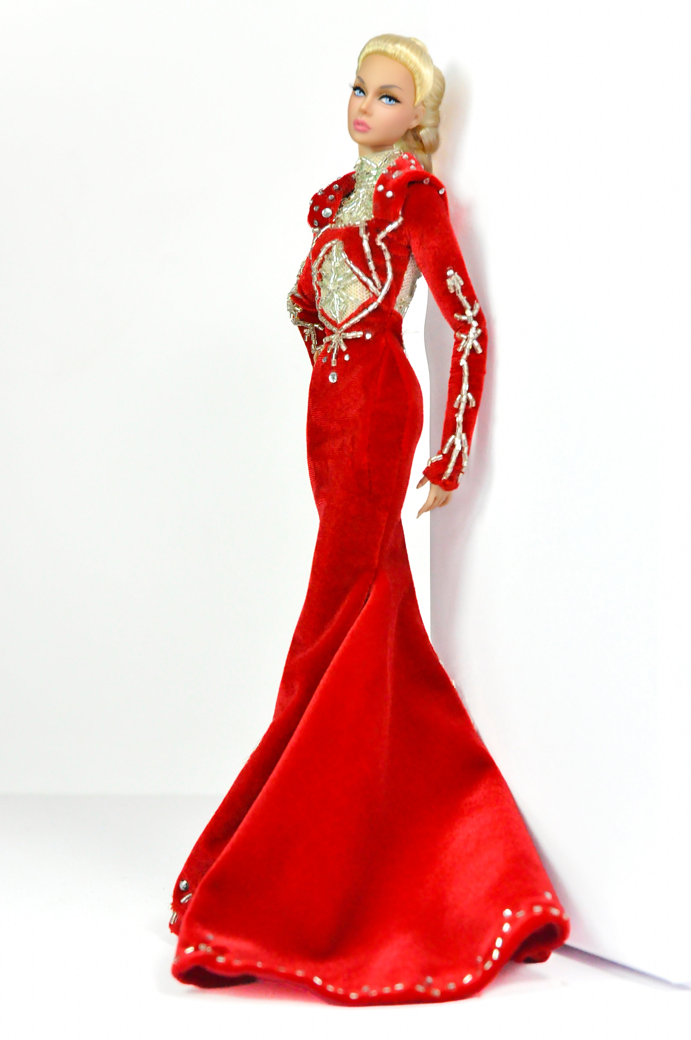 OOAK | Red Embellished Hooded Gown – 1/6 High Fashion doll clothes | Couture | Plastiktiara
