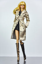 SIMPLE TABOO | Noir Tailored Waistcoat & Pleated Mini Skirt Set with Champagne Polka Dot Coat | Fashion Royalty Doll Clothes