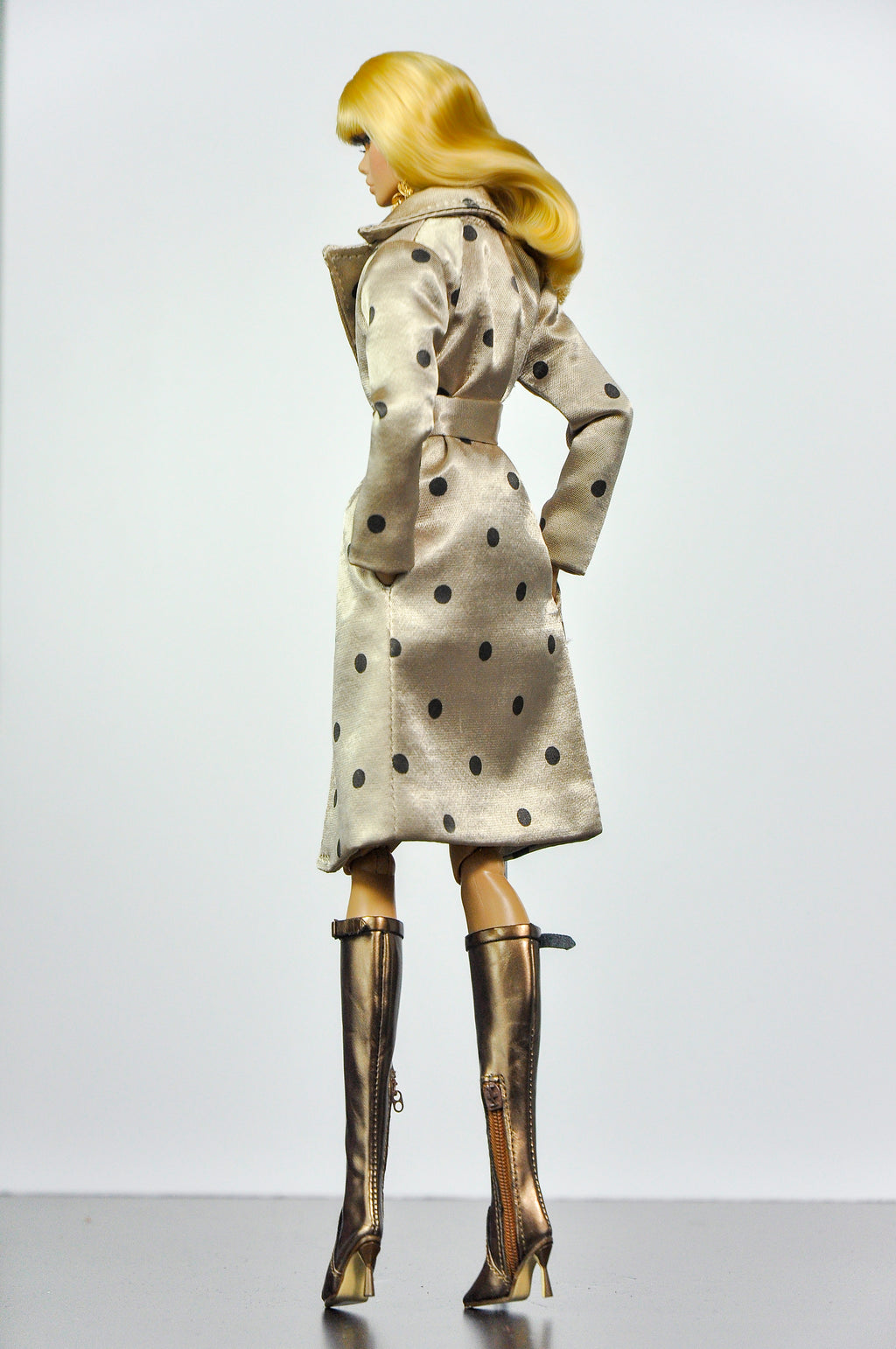 SIMPLE TABOO | Noir Tailored Waistcoat & Pleated Mini Skirt Set with Champagne Polka Dot Coat | Fashion Royalty Doll Clothes