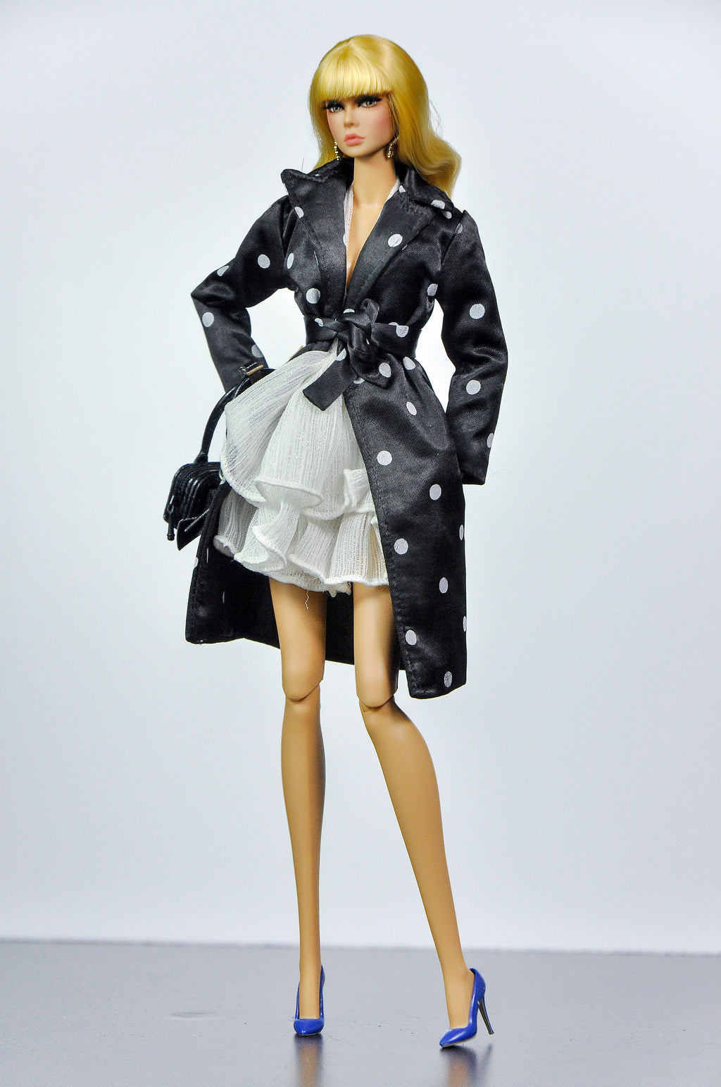 SIMPLE TABOO | Midnight Polka Dot Coat & Cloud Ruffle Dress Set | Fashion Royalty Doll Clothes