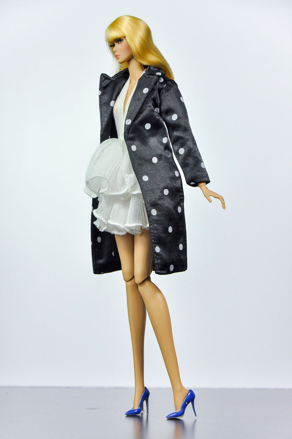 SIMPLE TABOO | Midnight Polka Dot Coat & Cloud Ruffle Dress Set | Fashion Royalty Doll Clothes