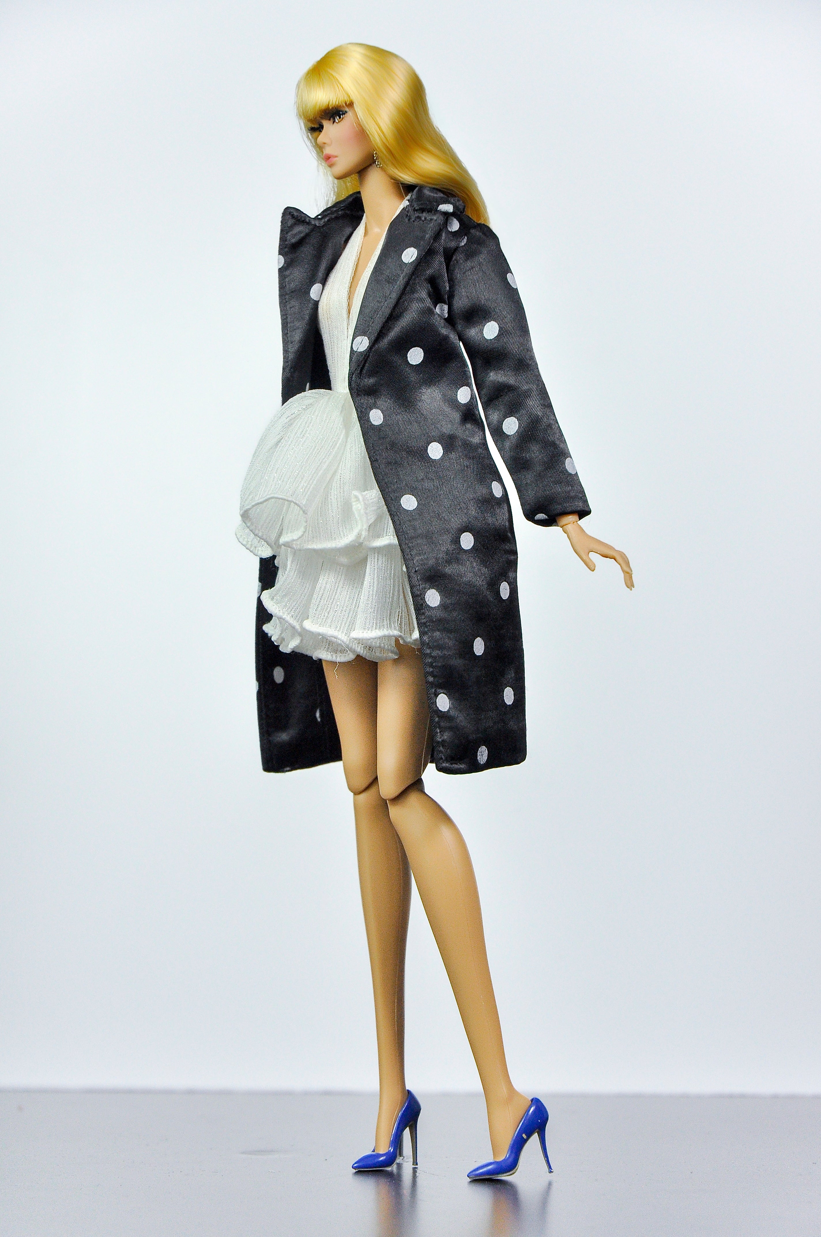 SIMPLE TABOO | Midnight Polka Dot Coat & Cloud Ruffle Dress Set | Fashion Royalty Doll Clothes