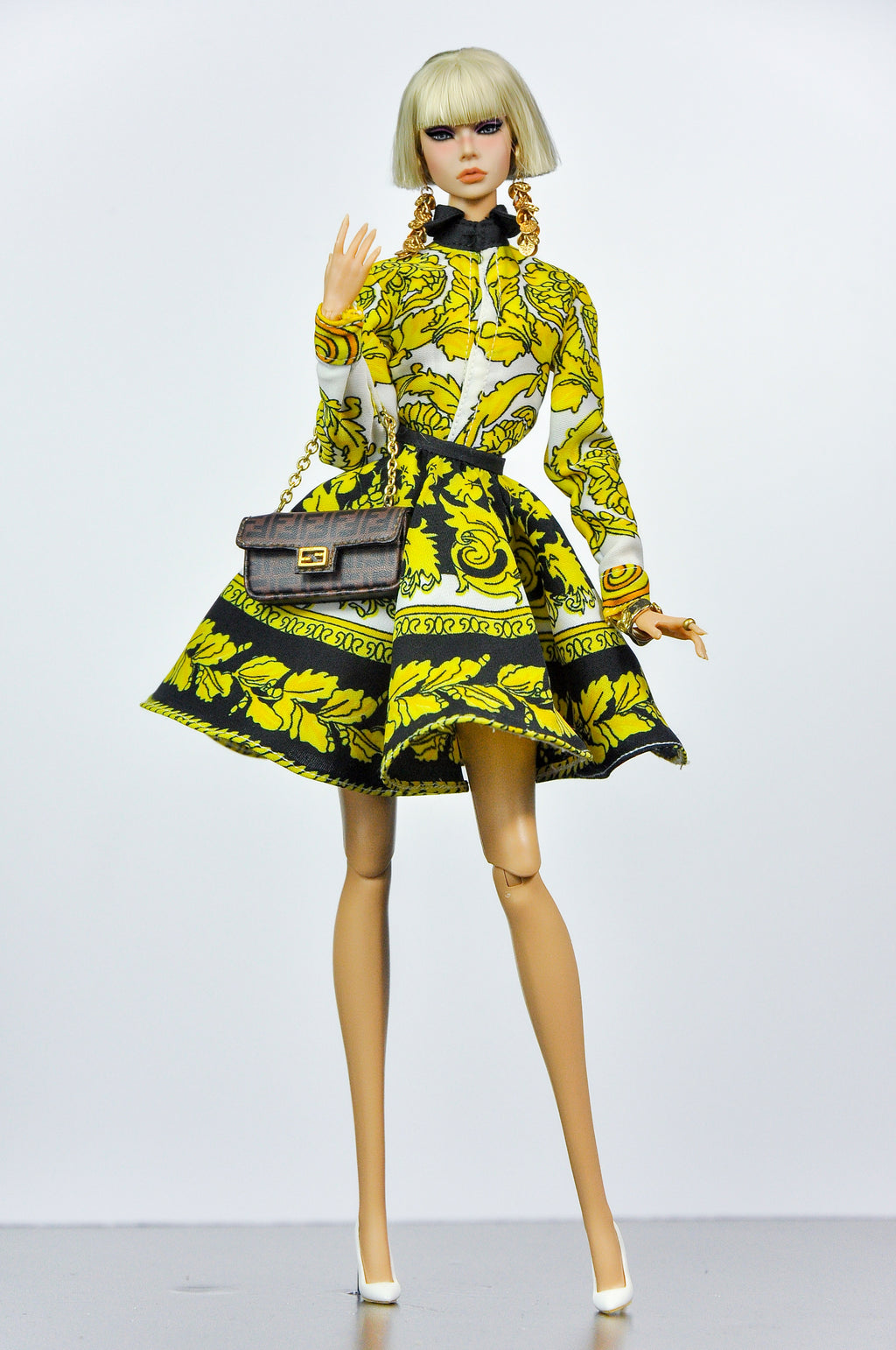 OOAK | Golden Opulence Dress Set for Fashion Royalty Doll | 1/6 Scale Luxury Baroque Mini Dress with Faux Fur Coat | Collector Doll Clothes by Plastik Tiara