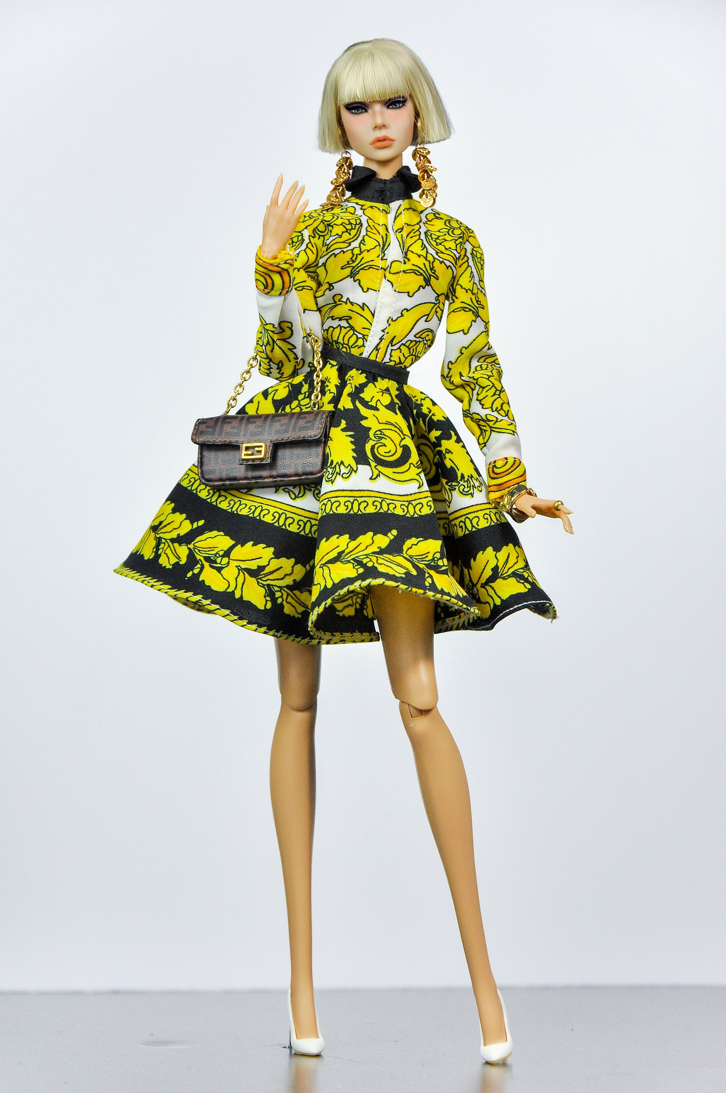 OOAK | Golden Opulence Dress Set for Fashion Royalty Doll | 1/6 Scale Luxury Baroque Mini Dress with Faux Fur Coat | Collector Doll Clothes by Plastik Tiara