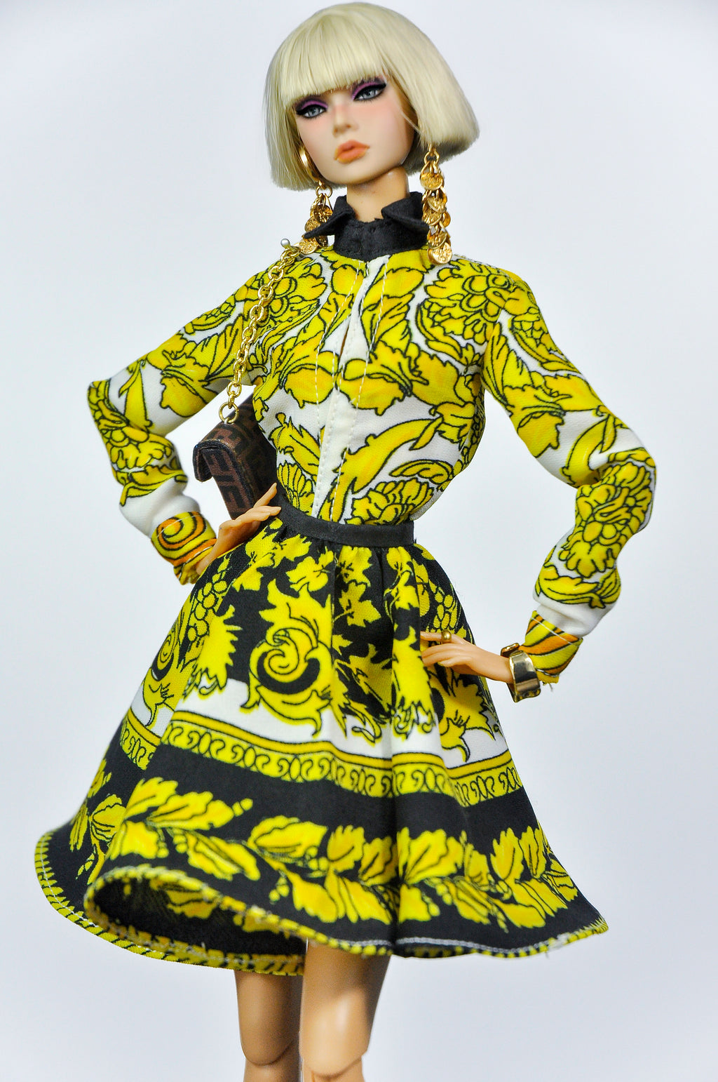 OOAK | Golden Opulence Dress Set for Fashion Royalty Doll | 1/6 Scale Luxury Baroque Mini Dress with Faux Fur Coat | Collector Doll Clothes by Plastik Tiara