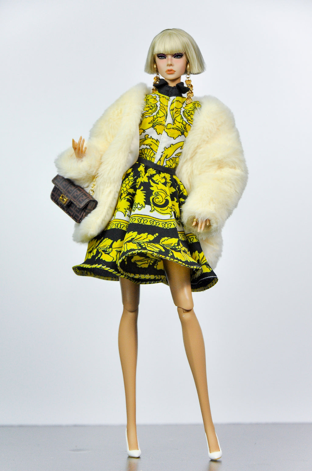 OOAK | Golden Opulence Dress Set for Fashion Royalty Doll | 1/6 Scale Luxury Baroque Mini Dress with Faux Fur Coat | Collector Doll Clothes by Plastik Tiara